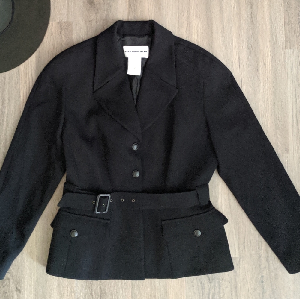Vintage Thierry Mugler Black Wool Belted Blazer S